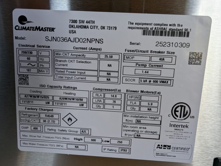 ClimateMaster geothermal heat pump specification plate, R454B refrigerant