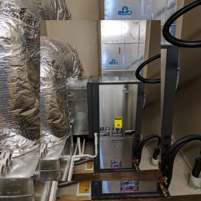 ClimateMaster geothermal heat pump unit installed in mechanical room of custom home in Oklahoma with custom sheet metal ductwork