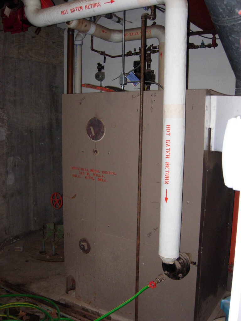 Old commercial hot water boiler at Cornerstone Bank in Watonga, Oklahoma