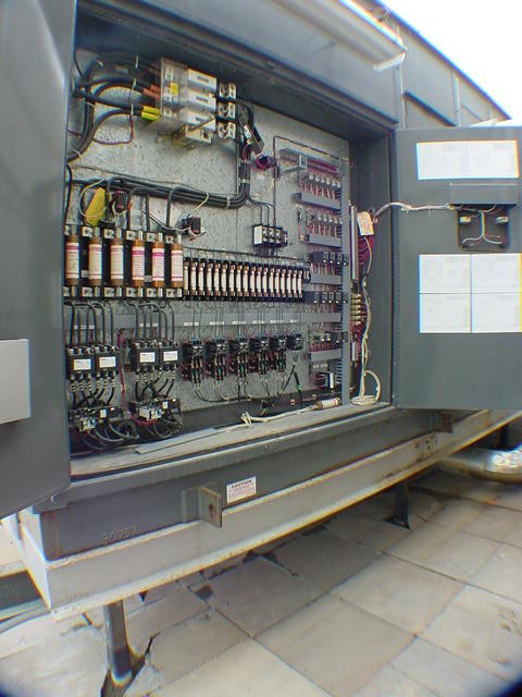 Custom hand-wired HVAC control panel with relay logic fuses and contactors for 400-ton chiller system