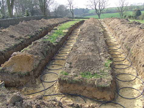 Geothermal ground loop trenches being excavated for horizontal loop field installation in Oklahoma