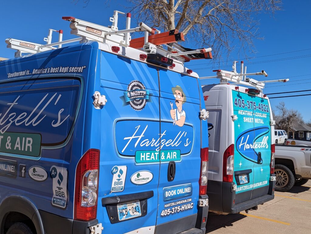 Hartzell's Heat & Air service van parked in Kingfisher, Oklahoma
