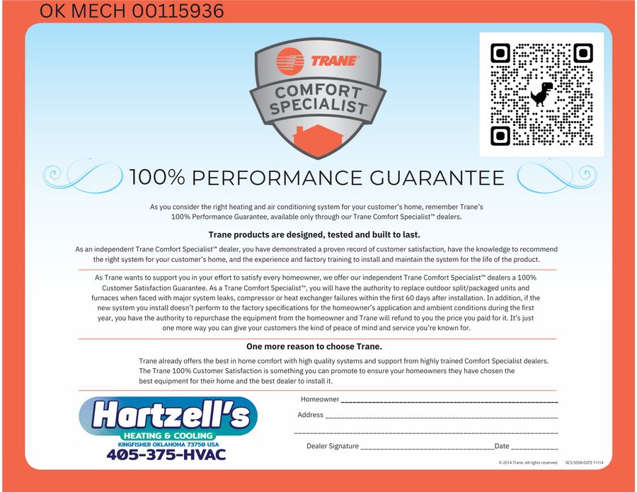 Trane Comfort Specialist 100% Performance Guarantee — Hartzell’s Heat & Air, Kingfisher OK