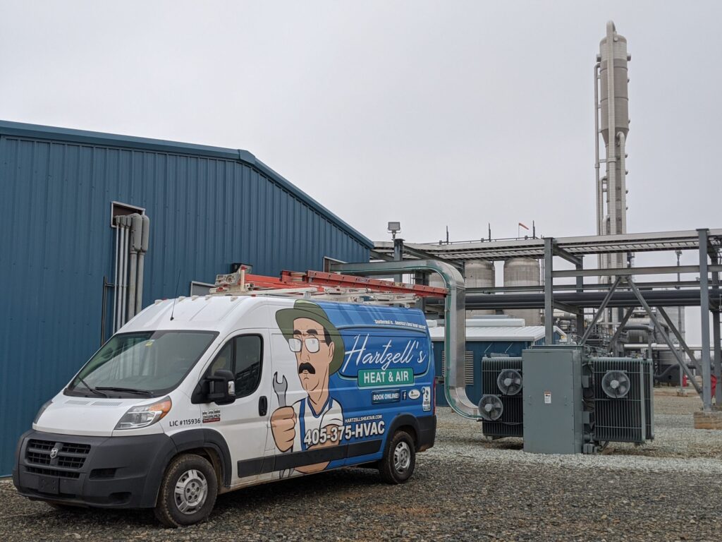 Hartzell's Heat & Air service van at Marathon Oil natural gas processing facility in Oklahoma