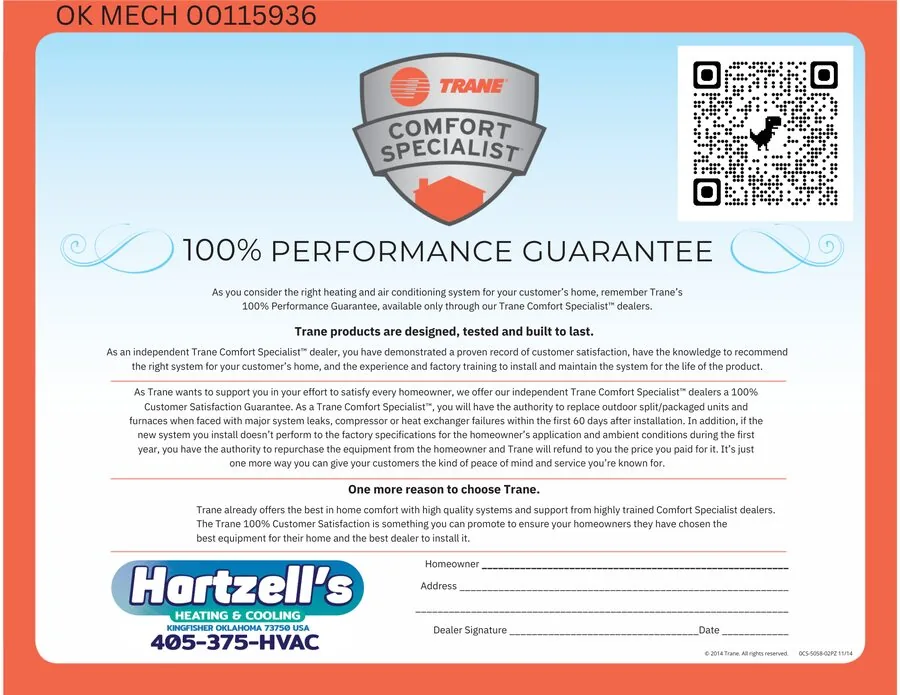 Trane Comfort Specialist 100% Performance Guarantee — Hartzell’s Heat & Air, Kingfisher OK