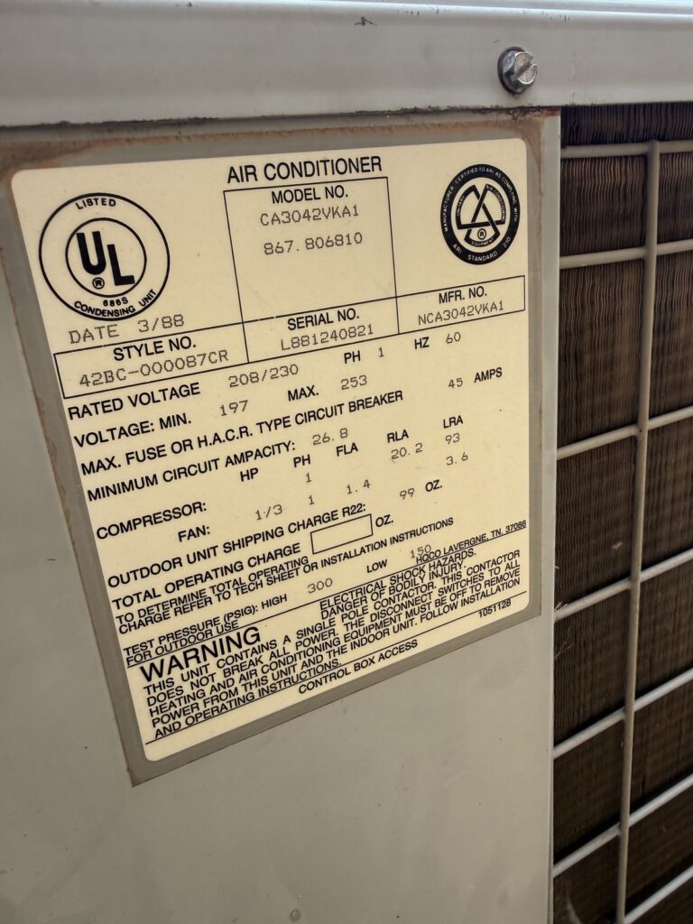Air conditioner data plate, air conditioning service in Henn