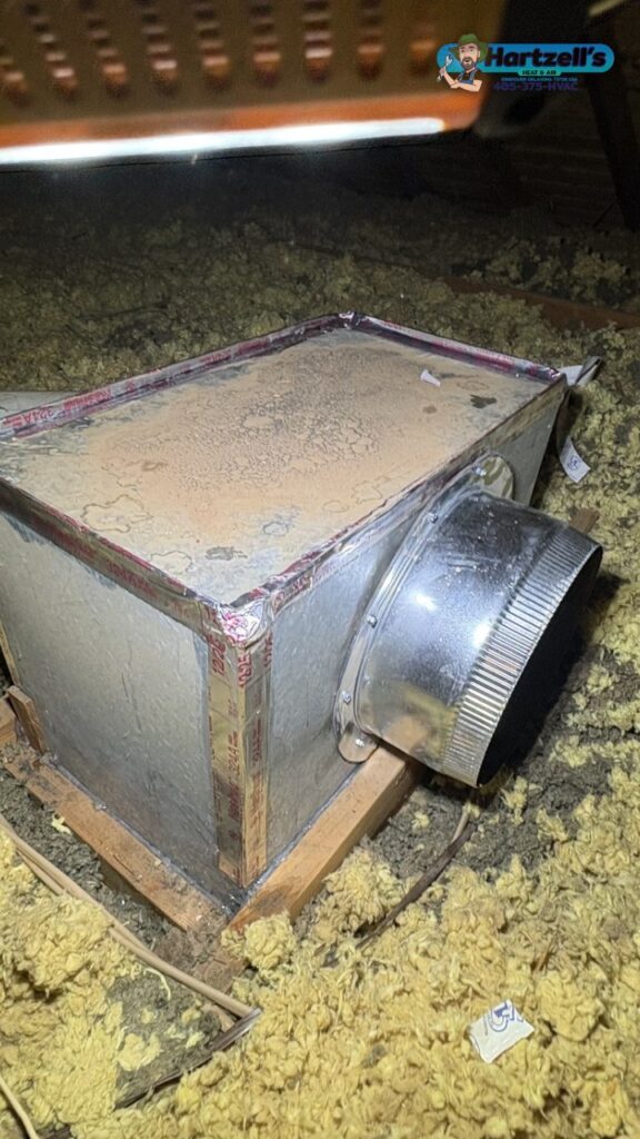 Sheet metal plenum with sealed seams and a new start collar in a Kingfisher attic, cover image for the Kingfisher duct sealing video