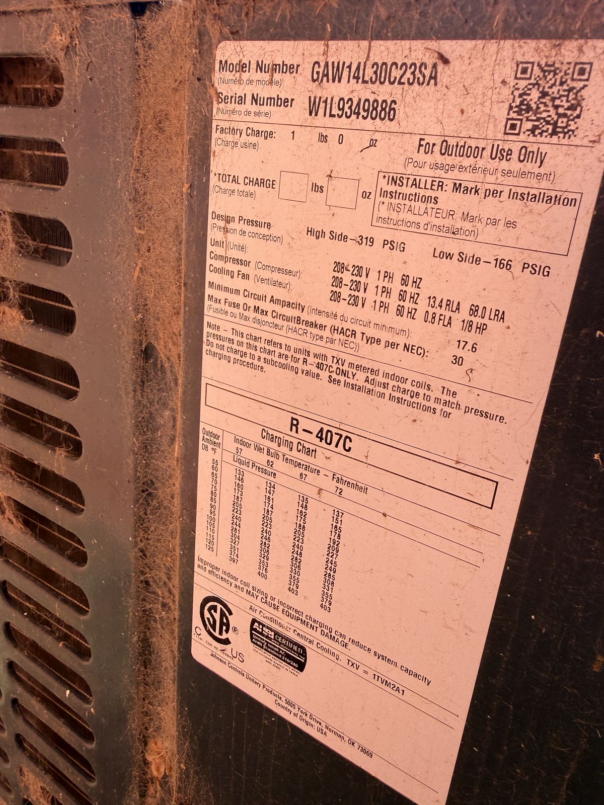 Outdoor unit data plate, blower motor replacement in Kingfisher, OK