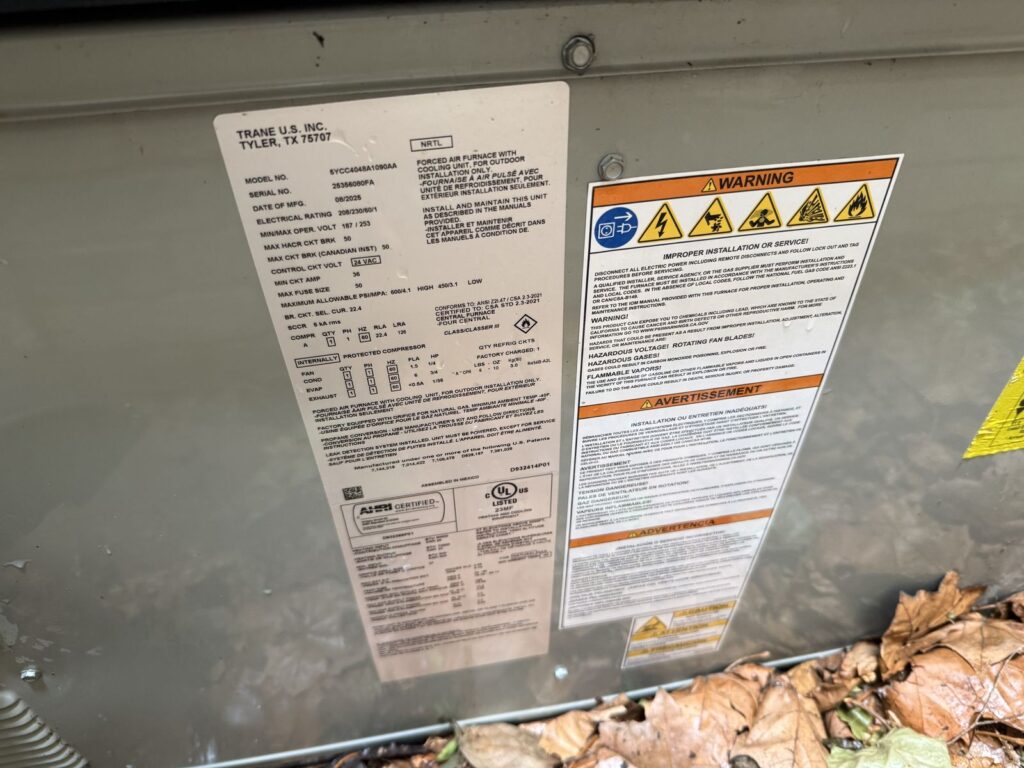 Package unit data label, frozen coil service in Dover, OK