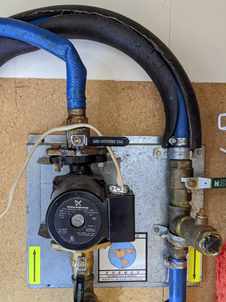 Geothermal flow center and loop pumps mounted beside the indoor unit