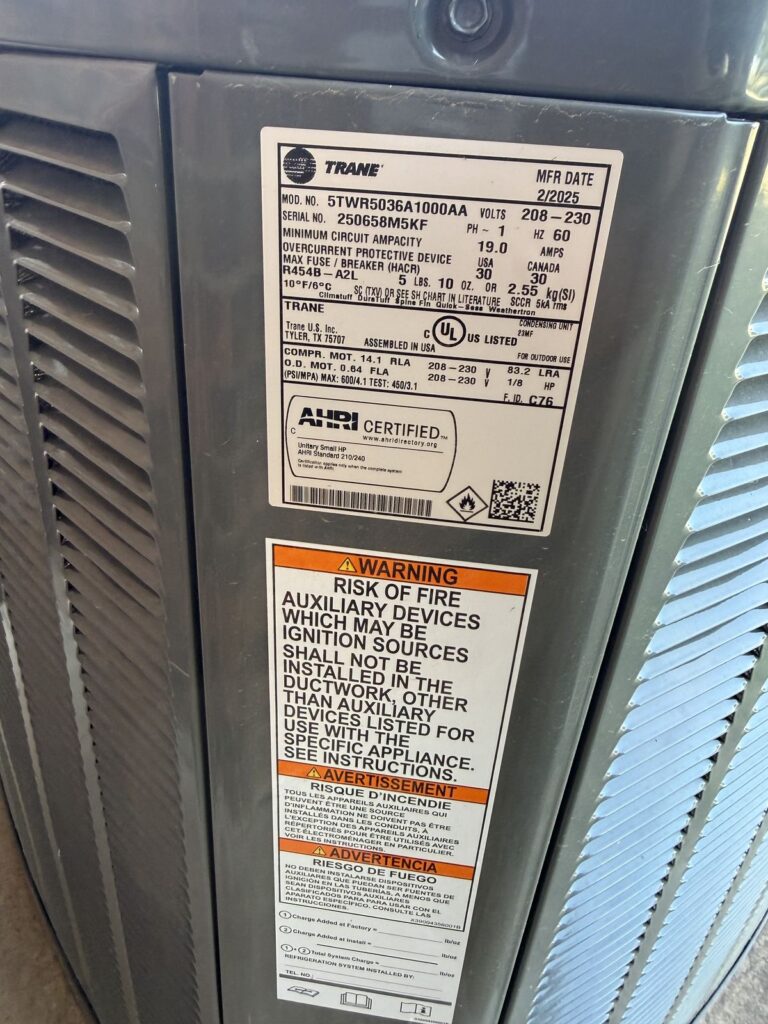 Outdoor unit data label, HVAC system install in Enid, OK