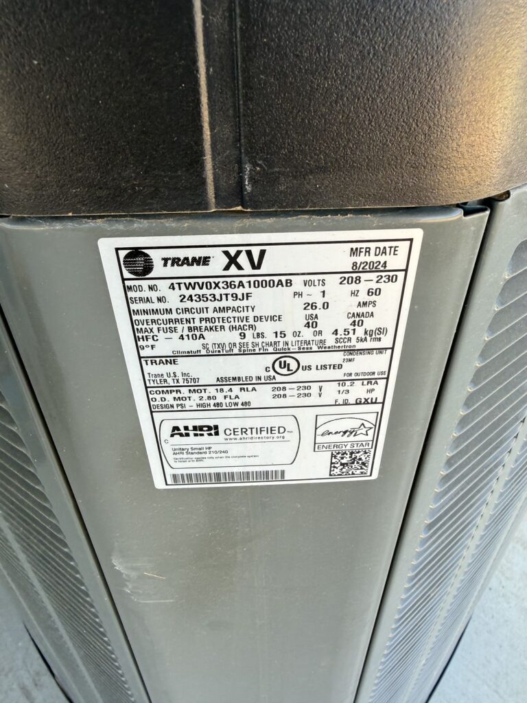 Outdoor unit data label, HVAC system install in Fairview, OK