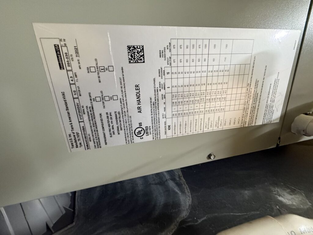 Air handler data label, HVAC system install in Fairview, OK