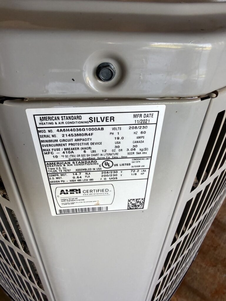 Outdoor unit data label, HVAC system install in Guthrie, OK