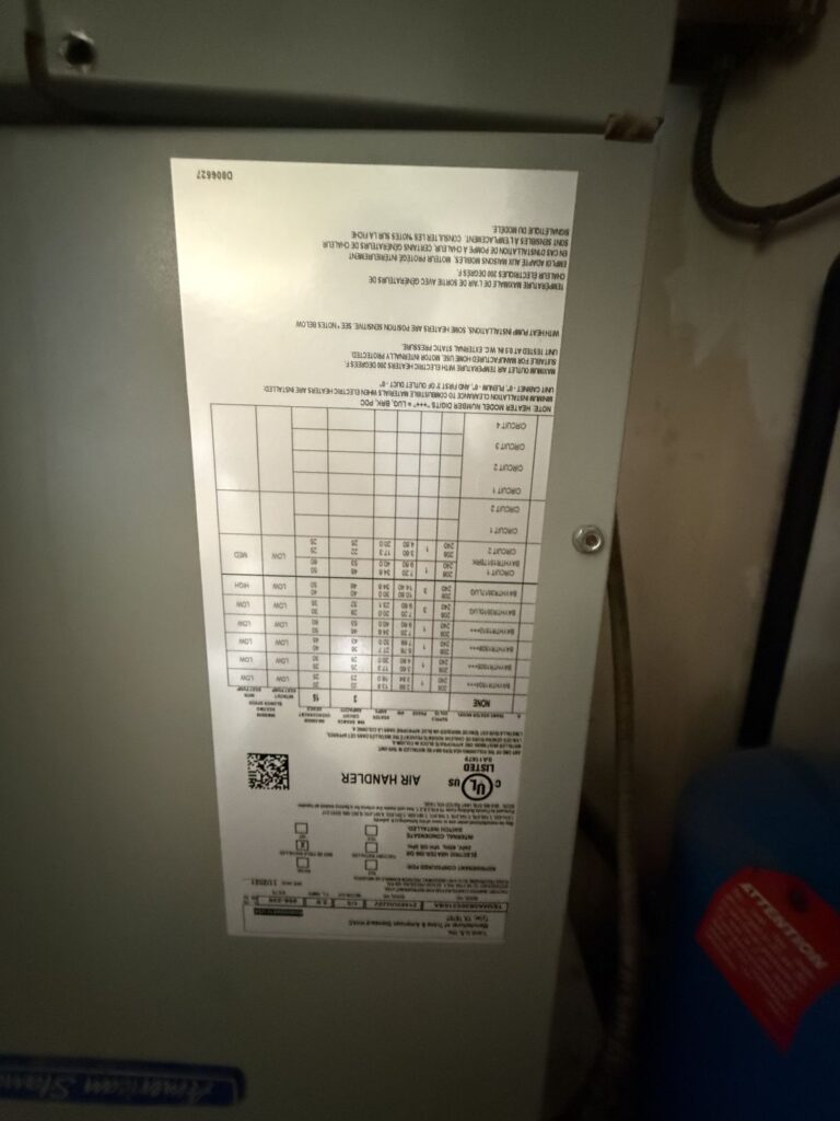 Air handler data label, HVAC system install in Guthrie, OK