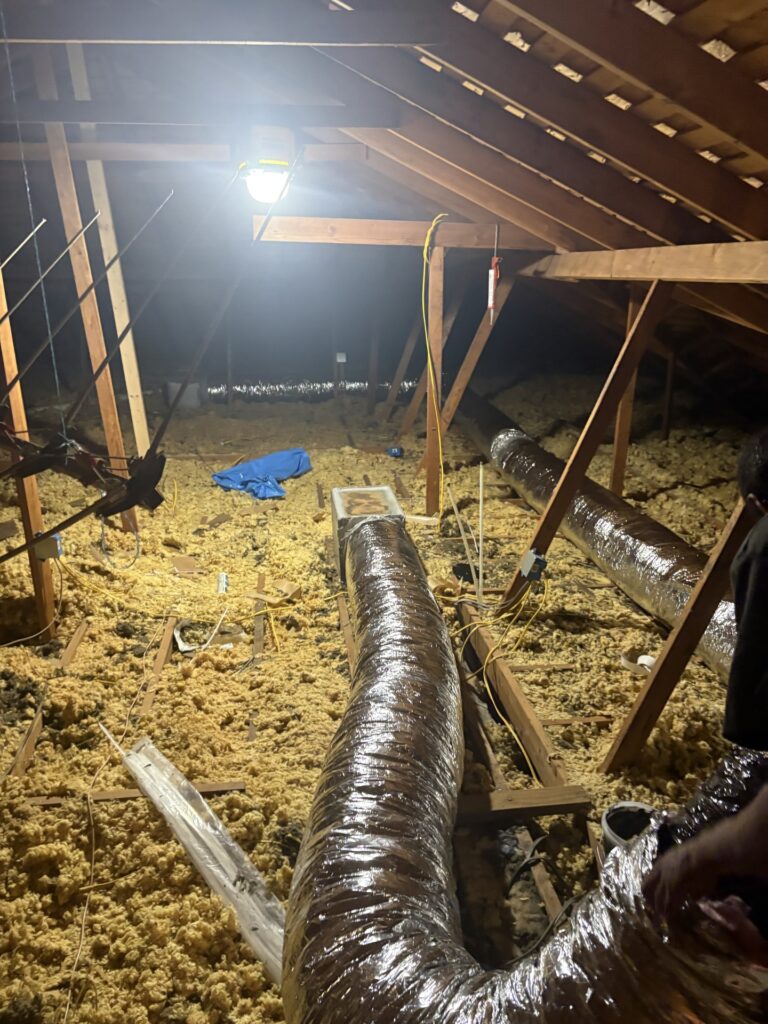 Finished insulated duct run with branch takeoffs in an attic in Kingfisher, Oklahoma