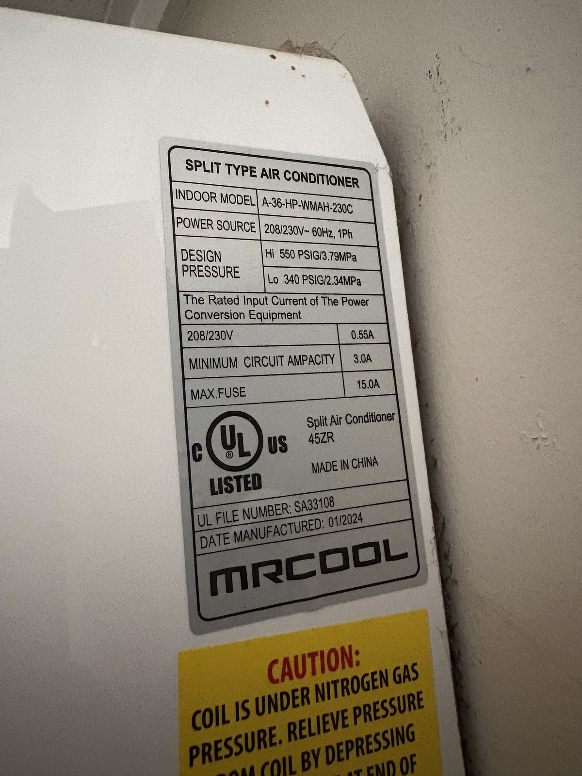Unit data label, mini-split leak test in Kingfisher, OK