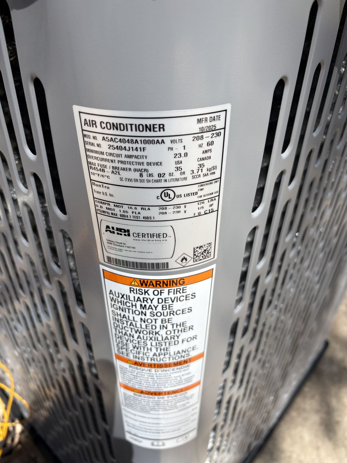 Outdoor unit data label, new AC and furnace install in Kingfisher, OK