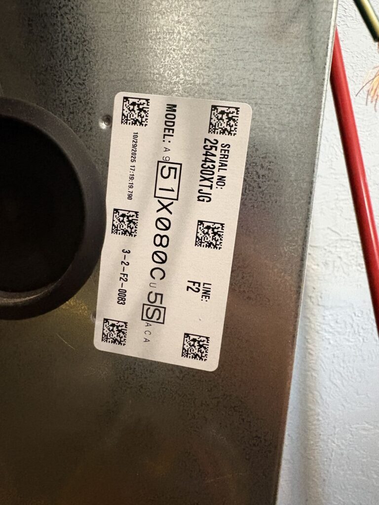 Furnace serial label, new HVAC system and ductwork in Watonga, OK