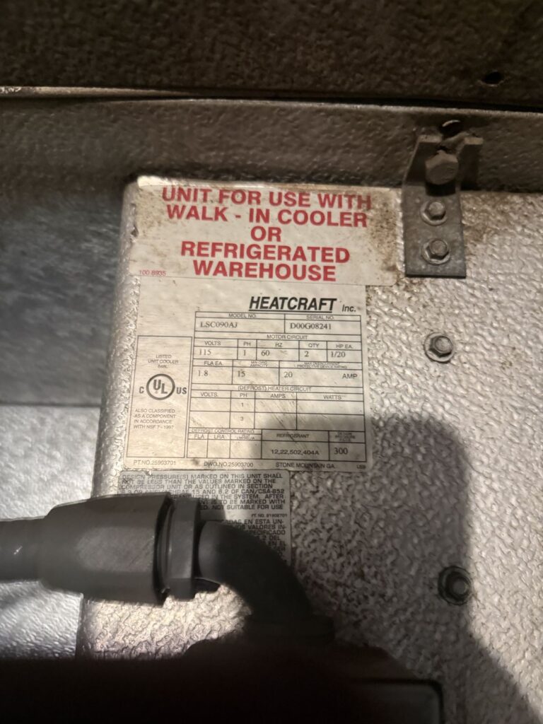 Walk-in cooler evaporator data label