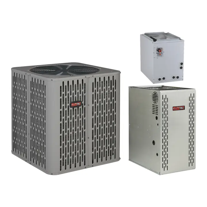 RunTru by Trane air conditioner with RunTru 80% gas furnace and a matched cased coil (manufacturer photos)