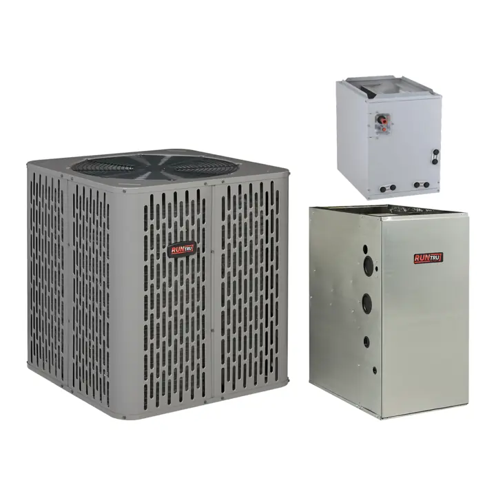 RunTru by Trane heat pump with RunTru 90%+ gas furnace and a matched cased coil (manufacturer photos)