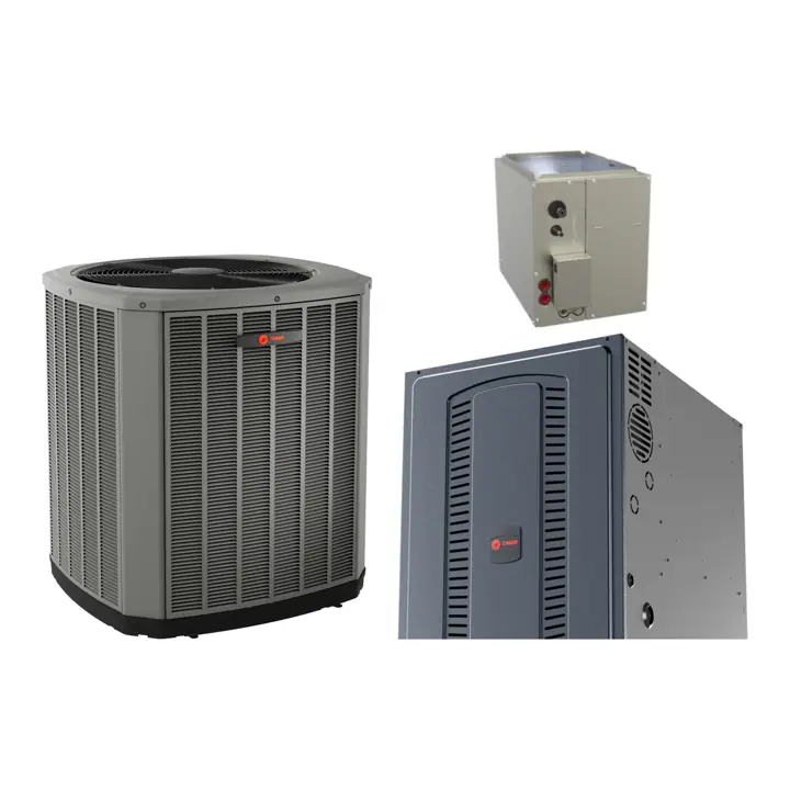Trane XR14 air conditioner with Trane S8B1 80% gas furnace and a matched cased coil (manufacturer photos)