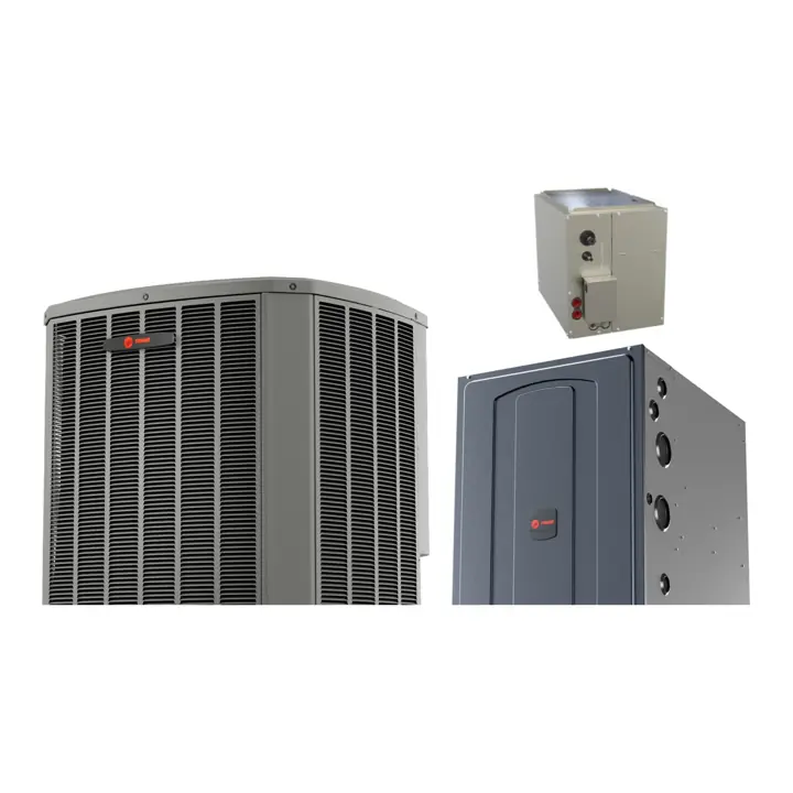 Trane XR14 heat pump with Trane S9B1 92% gas furnace and a matched cased coil (manufacturer photos)