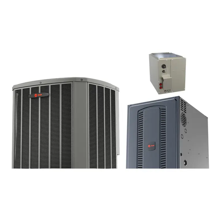 Trane XR15 heat pump with Trane S8X1 80% gas furnace and a matched cased coil (manufacturer photos)