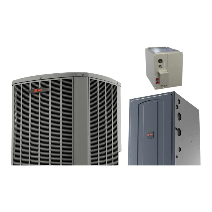 Trane XR15 heat pump with Trane S9X1 96% gas furnace and a matched cased coil (manufacturer photos)