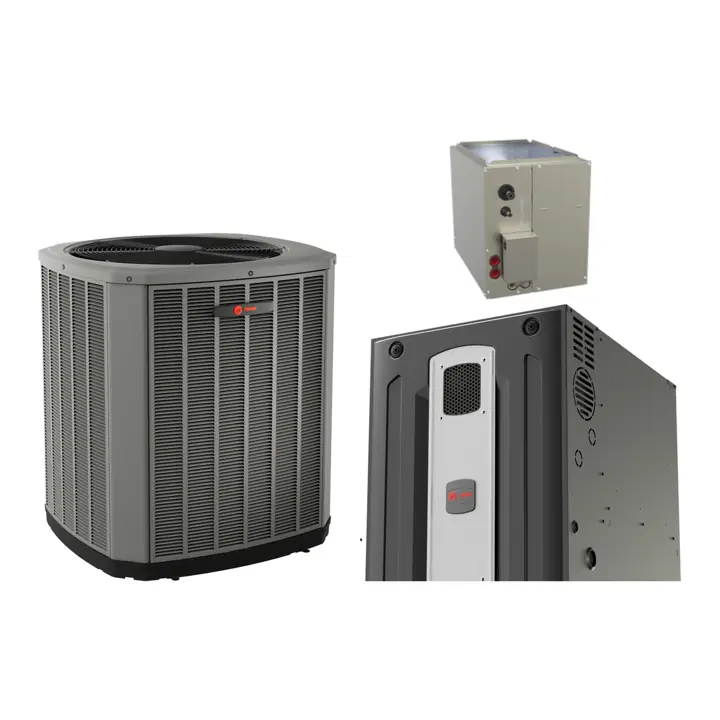 Trane XR17 air conditioner with Trane S8V2 80% variable-speed gas furnace and a matched cased coil (manufacturer photos)