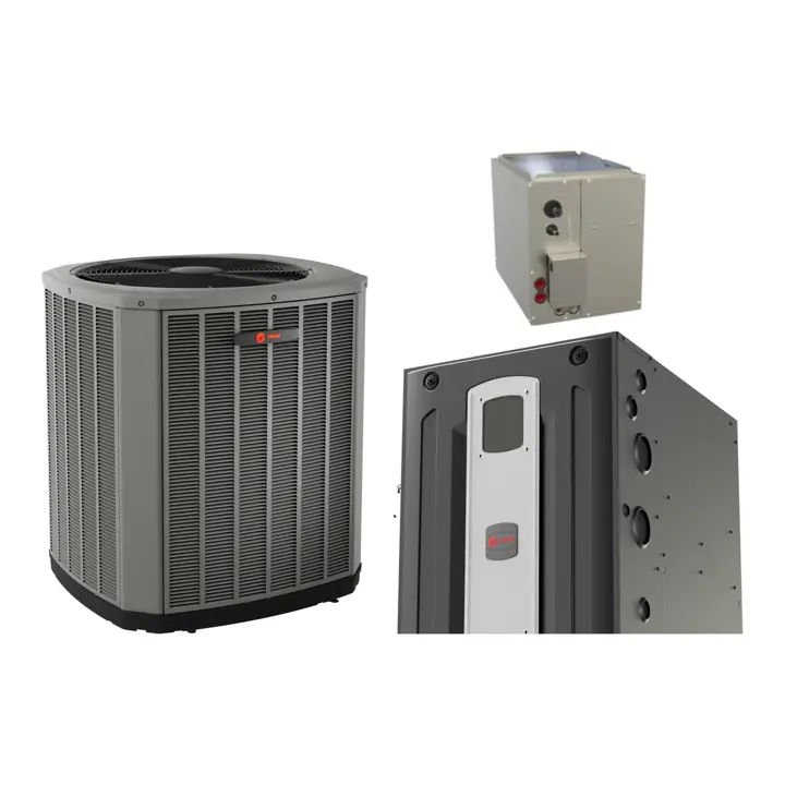 Trane XR17 air conditioner with Trane S9V2 97% variable-speed gas furnace and a matched cased coil (manufacturer photos)