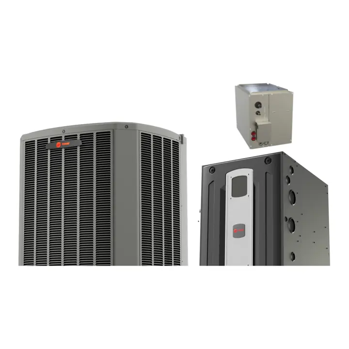 Trane XV18 TruComfort air conditioner with Trane S9V2 97% variable-speed gas furnace and a matched cased coil (manufacturer photos)