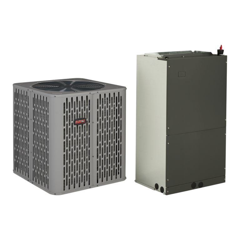 RunTru by Trane heat pump with matched air handler (manufacturer photos)
