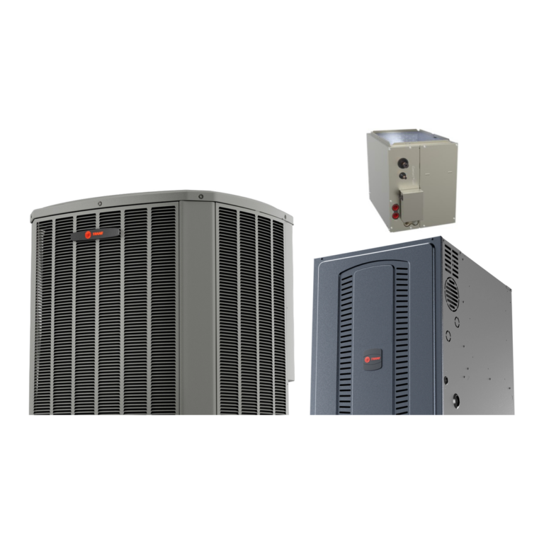 Trane XR15 heat pump with Trane S8X1 80% gas furnace and a matched cased coil (manufacturer photos)