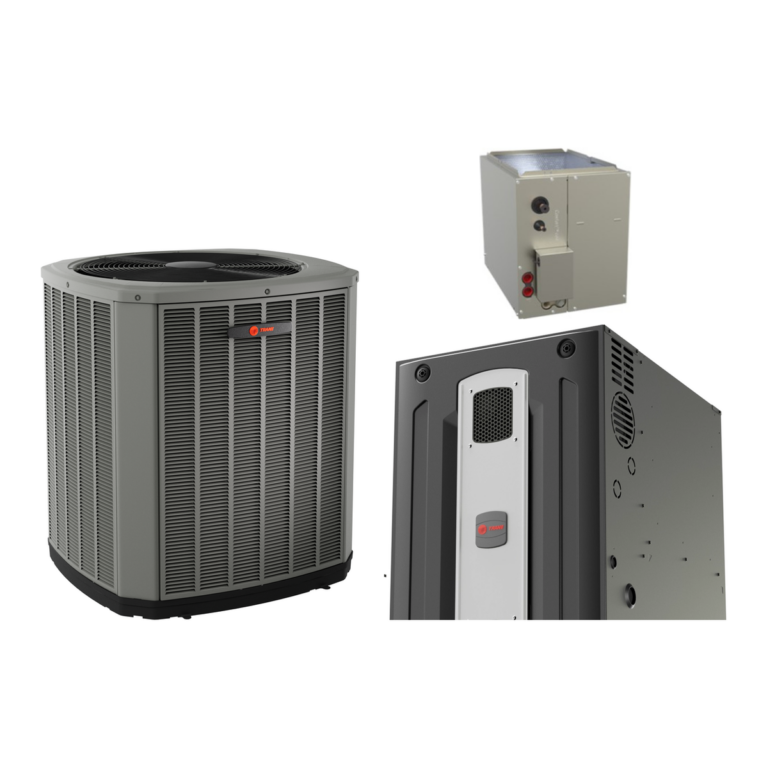 Trane XR17 air conditioner with Trane S8V2 80% variable-speed gas furnace and a matched cased coil (manufacturer photos)