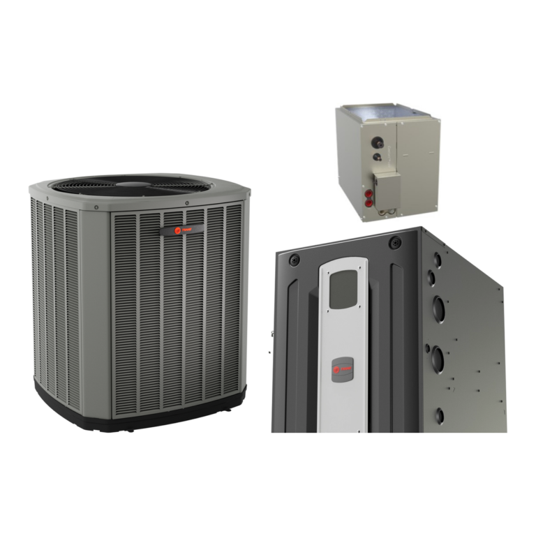 Trane XR17 air conditioner with Trane S9V2 97% variable-speed gas furnace and a matched cased coil (manufacturer photos)