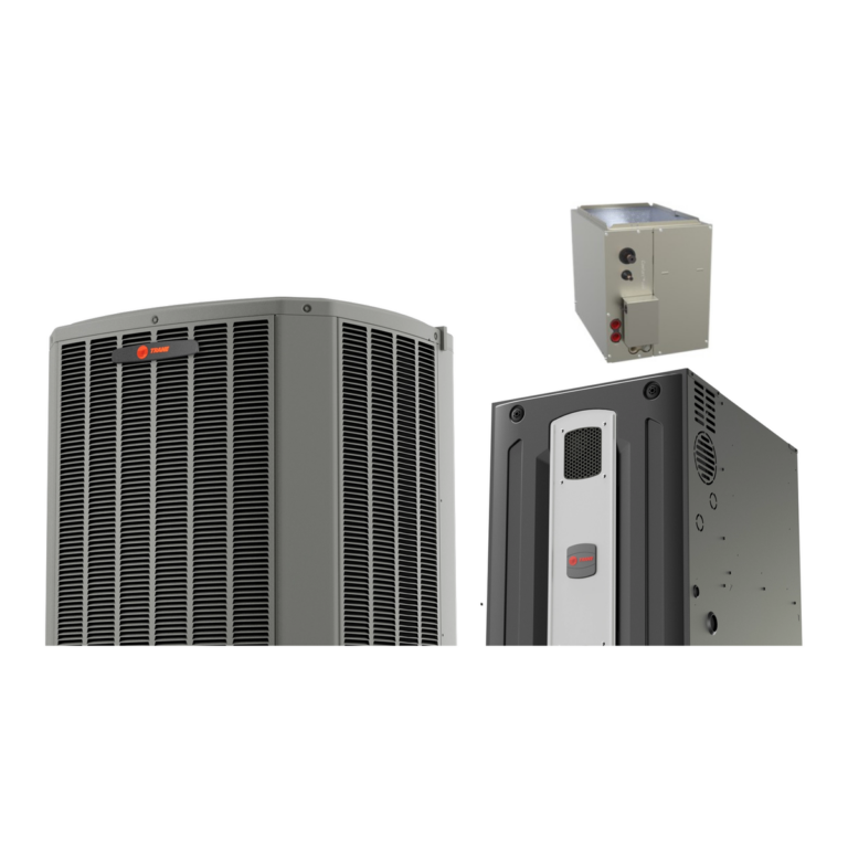 Trane XV18 TruComfort air conditioner with Trane S8V2 80% variable-speed gas furnace and a matched cased coil (manufacturer photos)