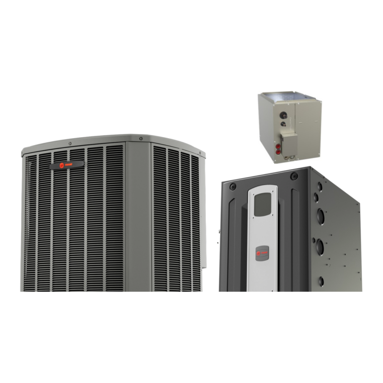 Trane XV18 TruComfort heat pump with Trane S9V2 97% variable-speed gas furnace and a matched cased coil (manufacturer photos)